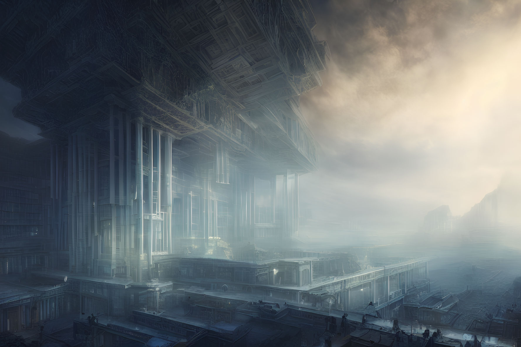 Futuristic cityscape with towering structures in misty light