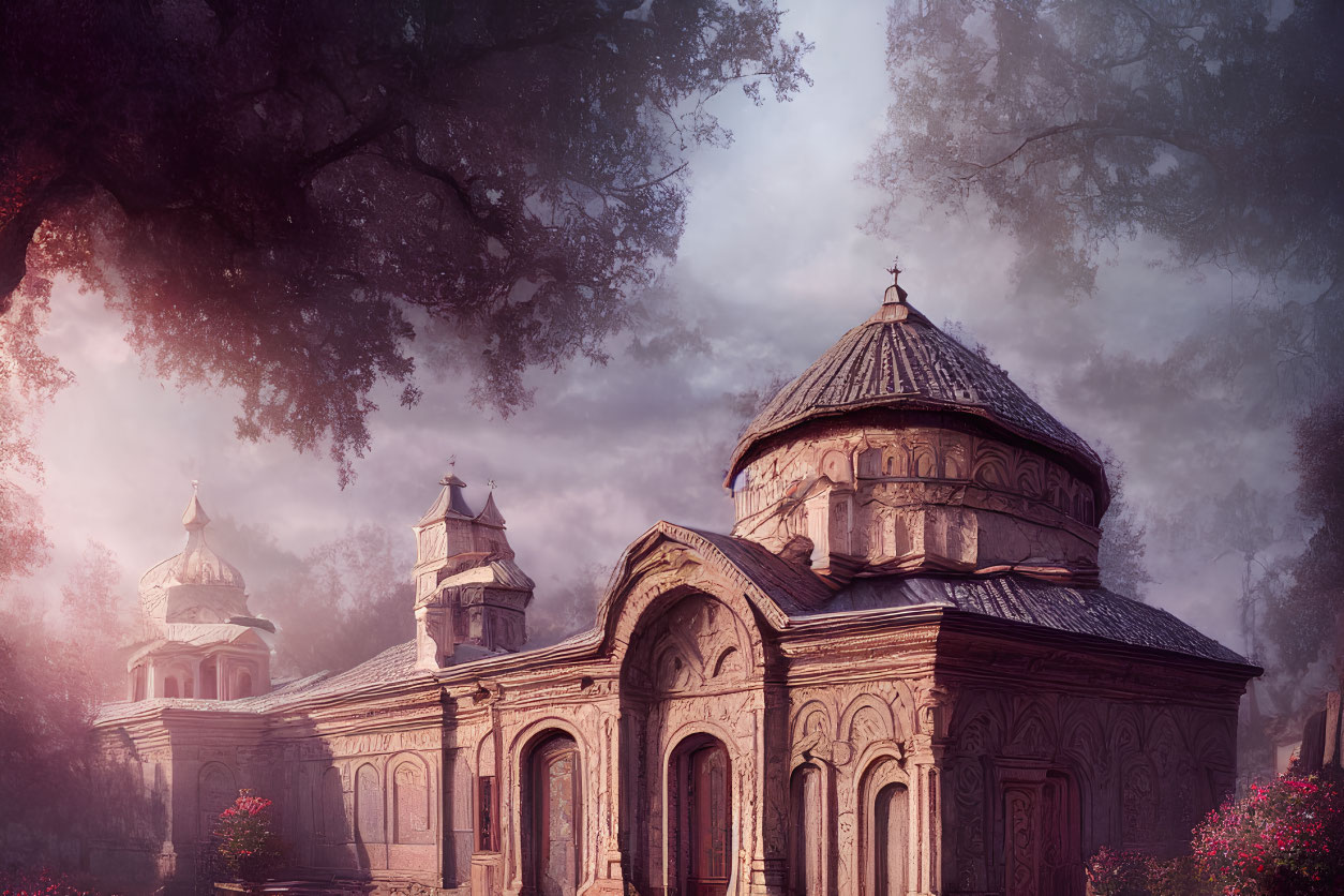 Old church with ornate details in lush setting at sunset