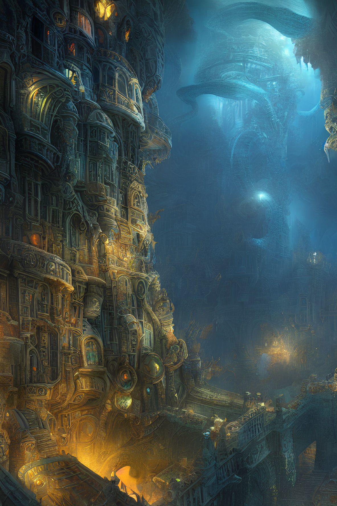 Luminous fantasy cityscape with intricate details under cavernous ceiling