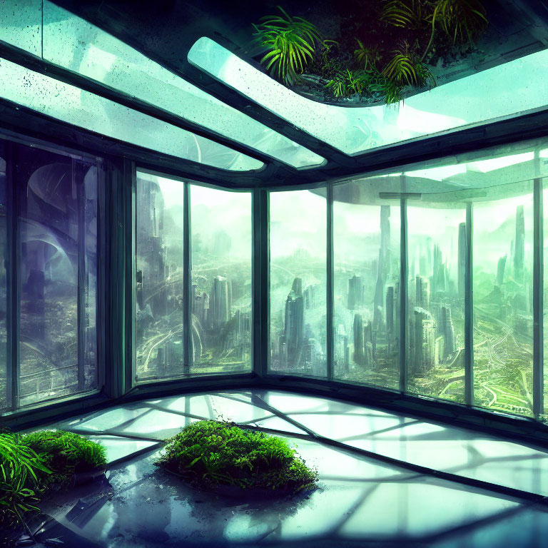 Glass-Walled Room with Overgrown Plants and Rainy Cityscape