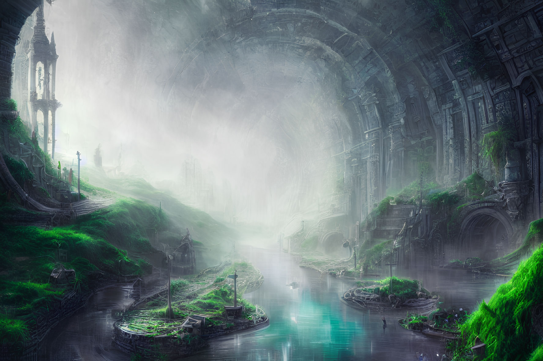Ethereal fantasy landscape with ancient ruins, lush greenery, tranquil river, mystical fog, and