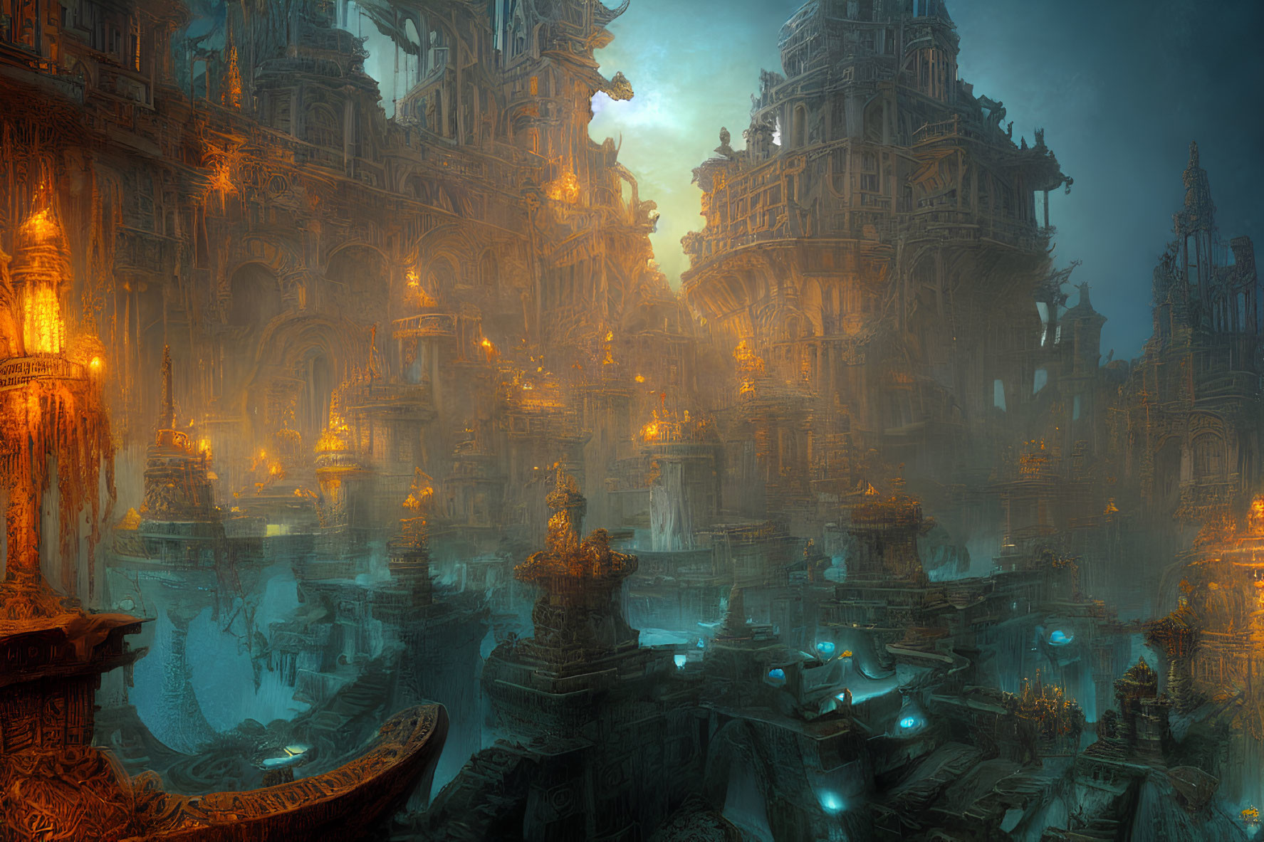 Intricate fantasy city with ornate towers and glowing lights