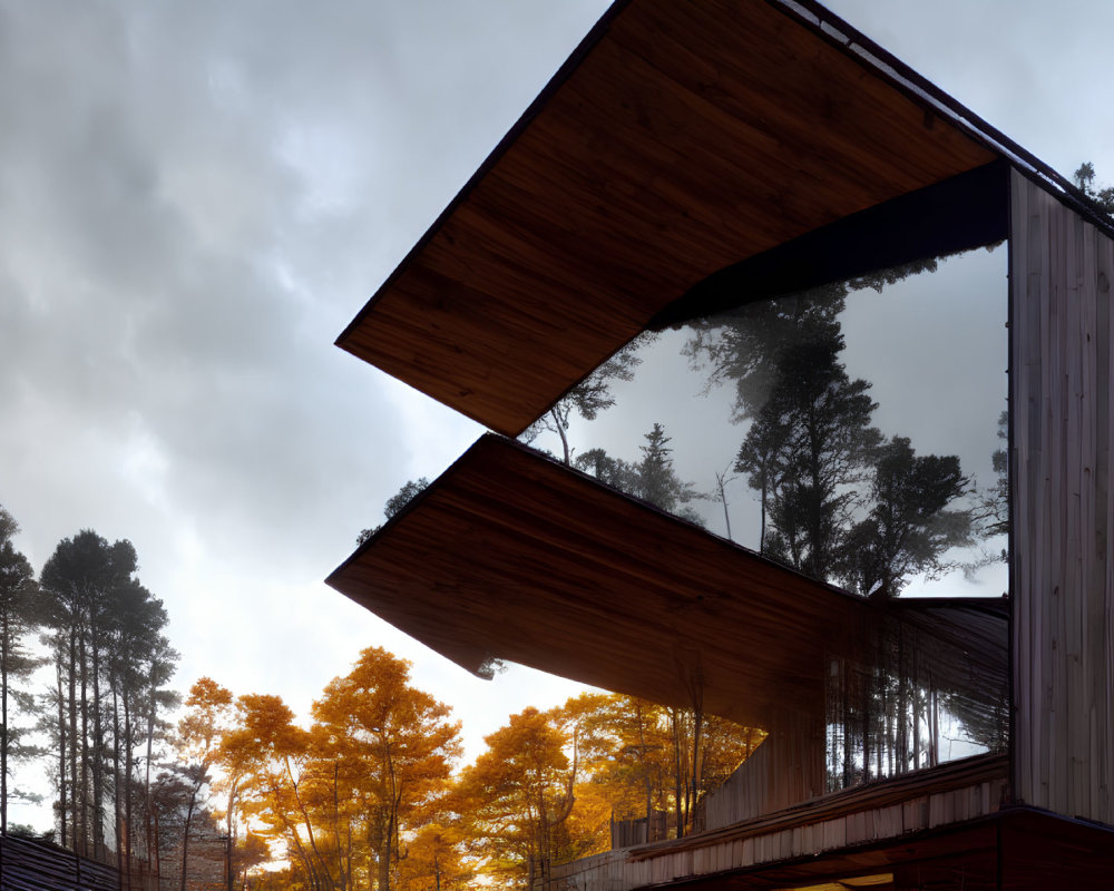 Modern building detail with wooden elements against misty autumn forest.