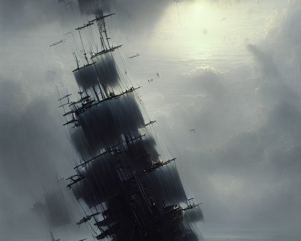 Ghostly tall ship emerges from misty darkness with tattered sails under brooding sky