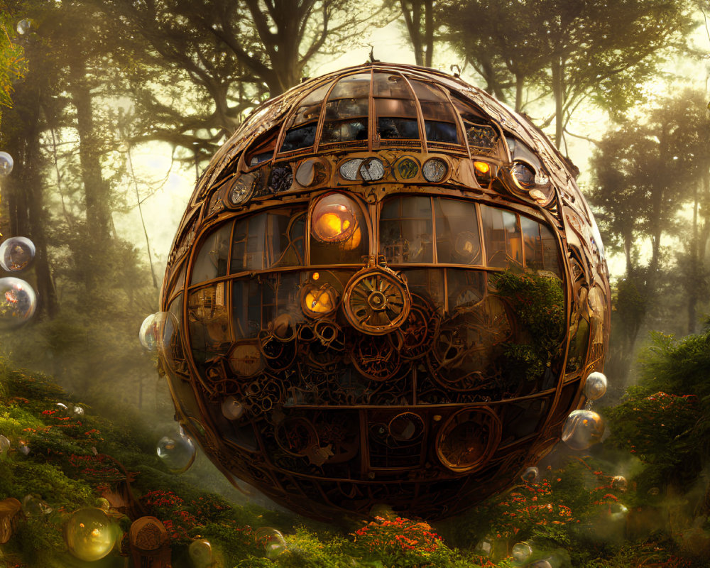 Steampunk-themed spherical structure in enchanted forest with floating bubbles