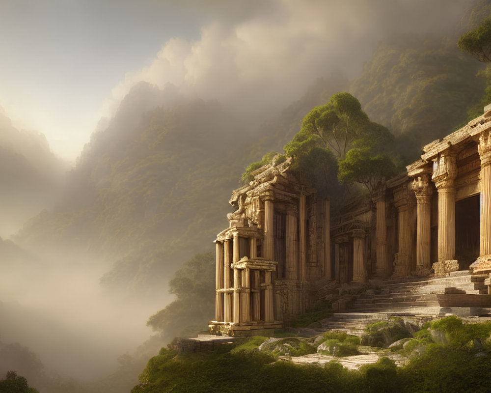 Misty mountain landscape with ancient temple ruins