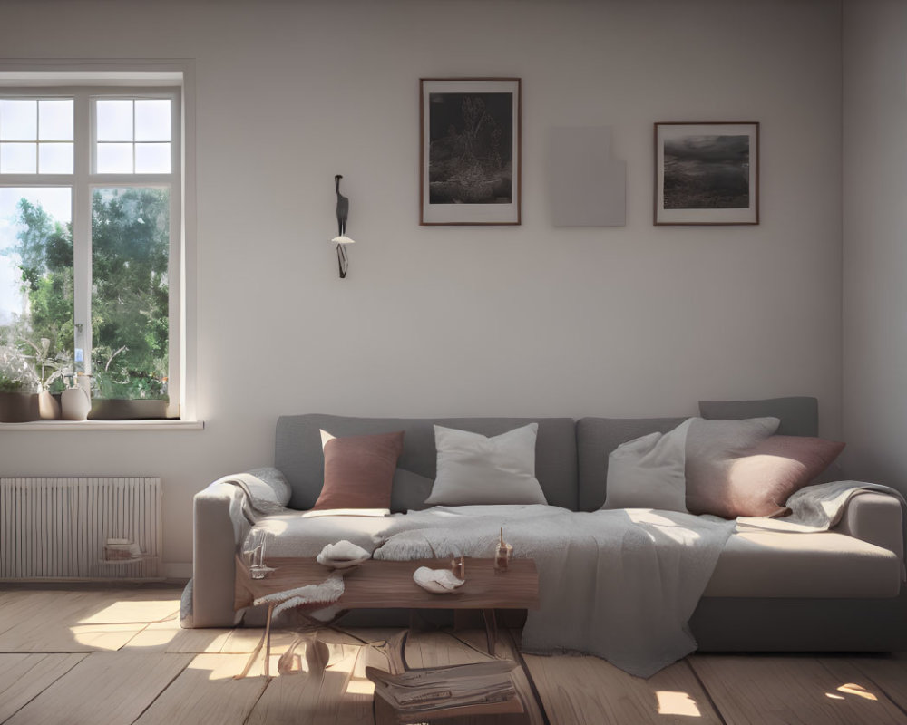 Gray Sofa Living Room with Greenery View & Wall Art