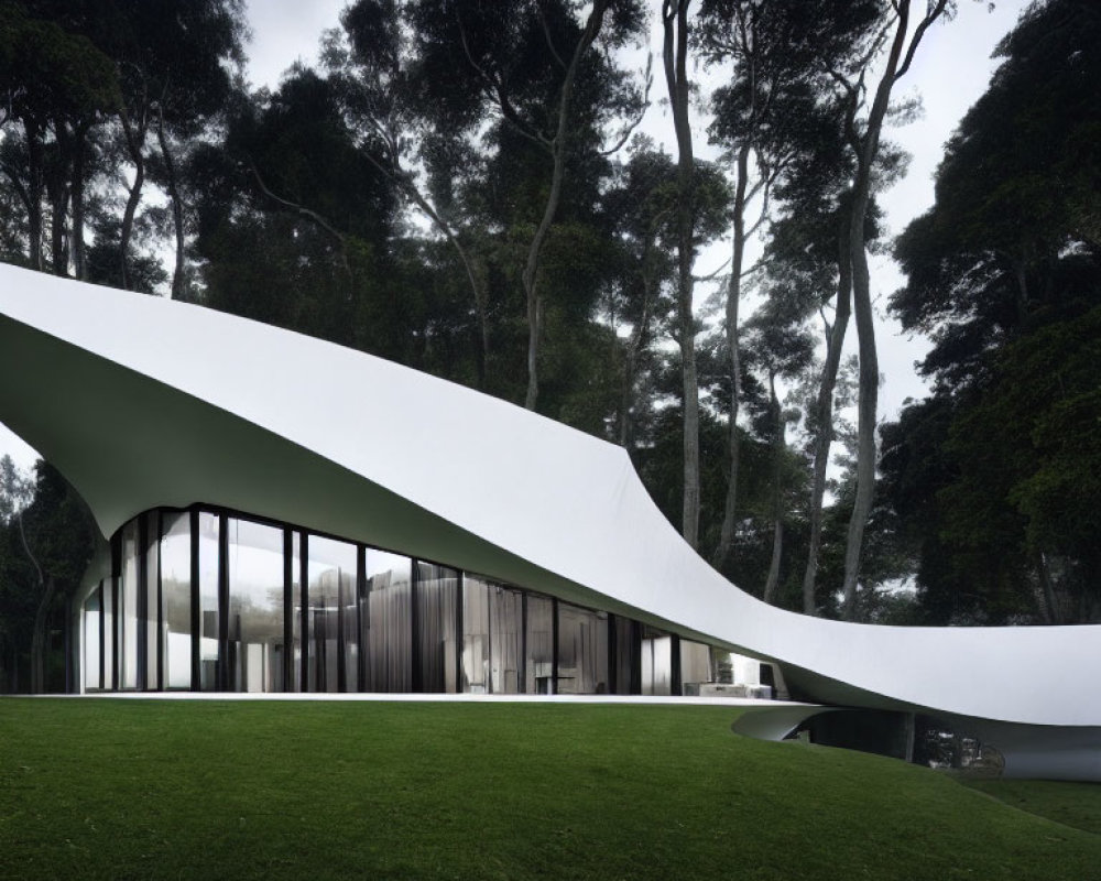 Curved White Building with Large Glass Windows in Forest Setting