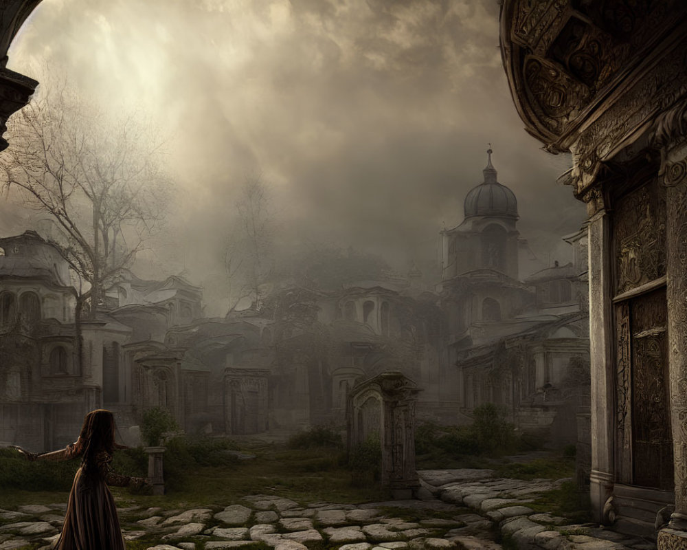 Woman in dress gazes at dome in misty ruins landscape