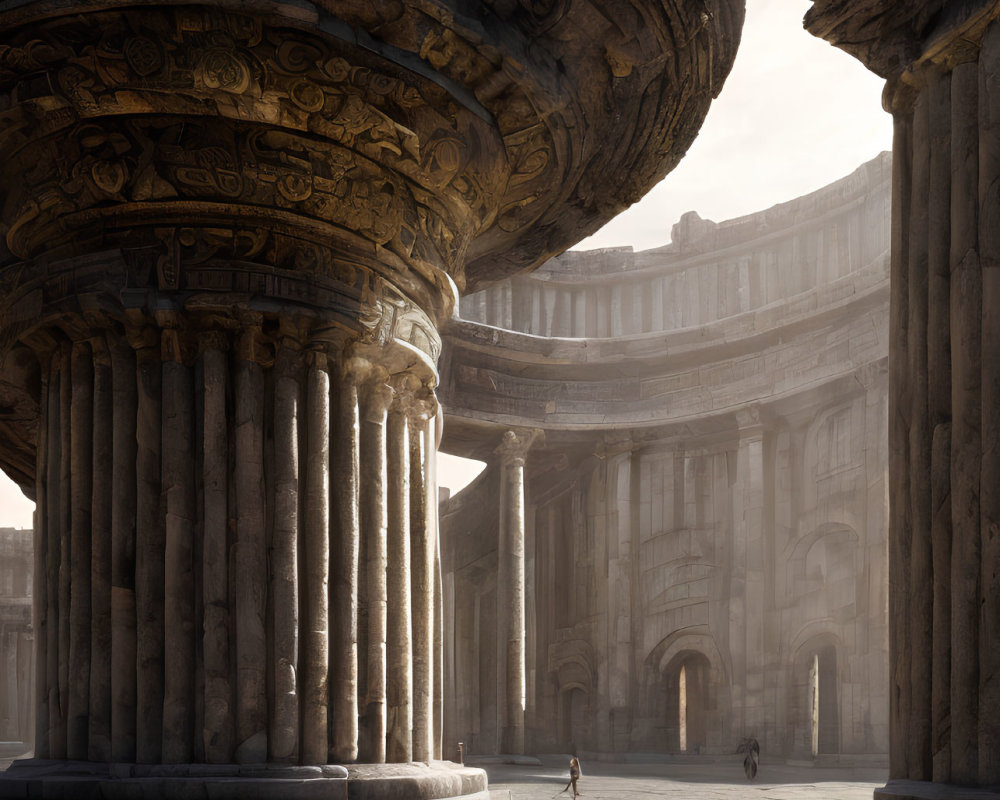 Ancient Roman-style structure with towering columns and intricate carvings in soft sunlight.