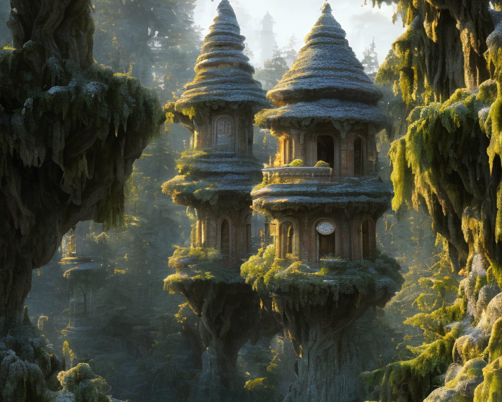 Enchanted forest scene with ancient moss-covered towers and stone bridge