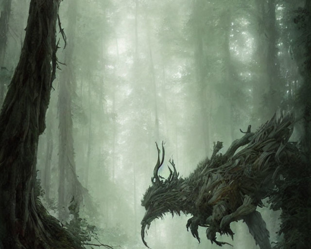 Mystical forest scene with towering trees and a wooden dragon