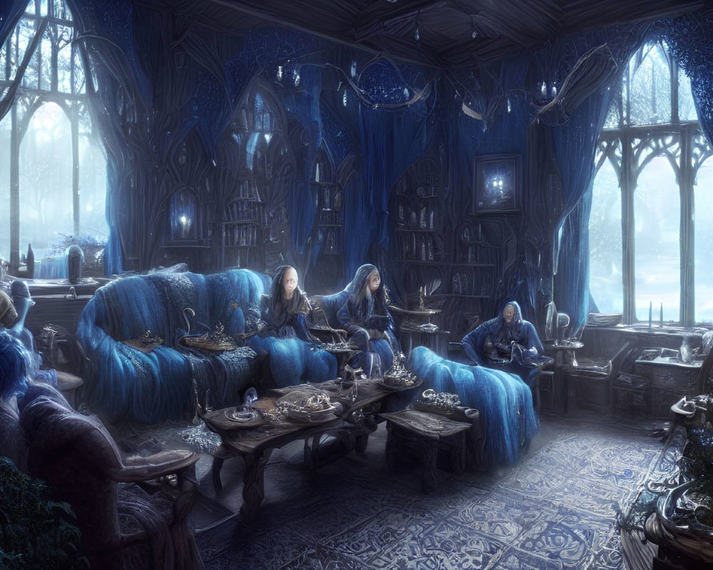 Elegant elves in blue-toned room with mystical forest view