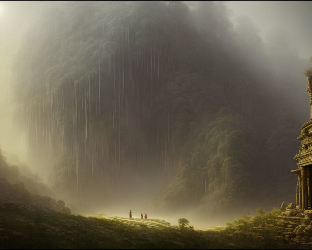 Ancient temple in foggy mountain landscape with two figures