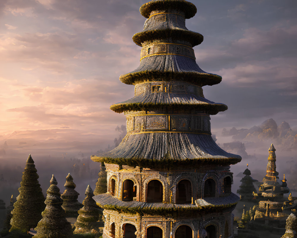 Ancient multi-tiered pagoda in serene natural setting