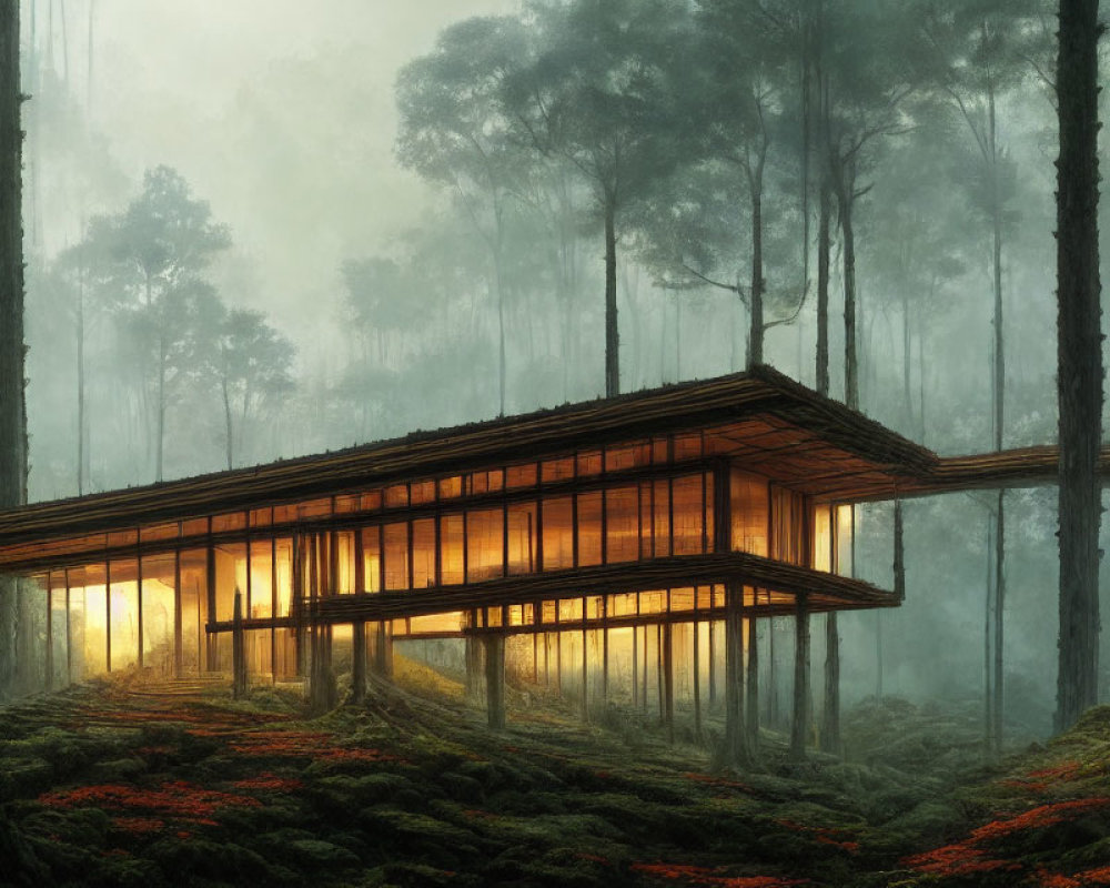 Tranquil Wooden House in Misty Forest with Towering Trees