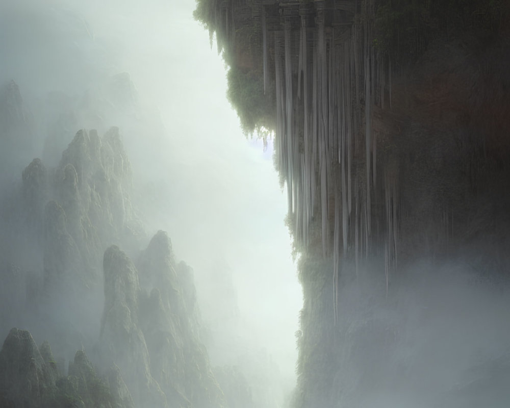 Towering structures of ancient floating city over misty abyss with figures on grassy outcrop