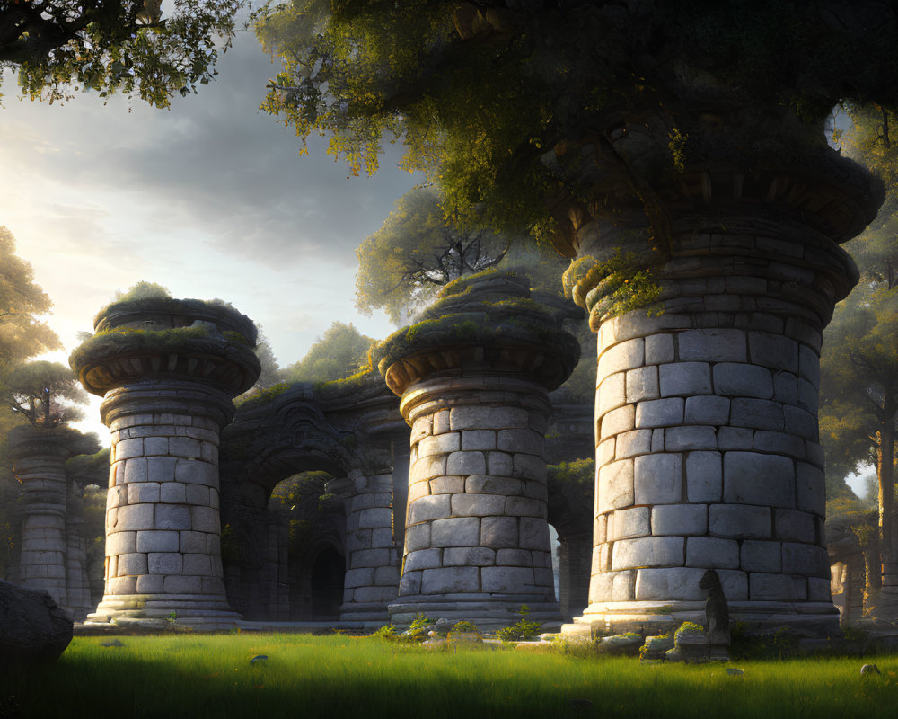 Serene forest scene: ancient stone ruins with overgrown foliage