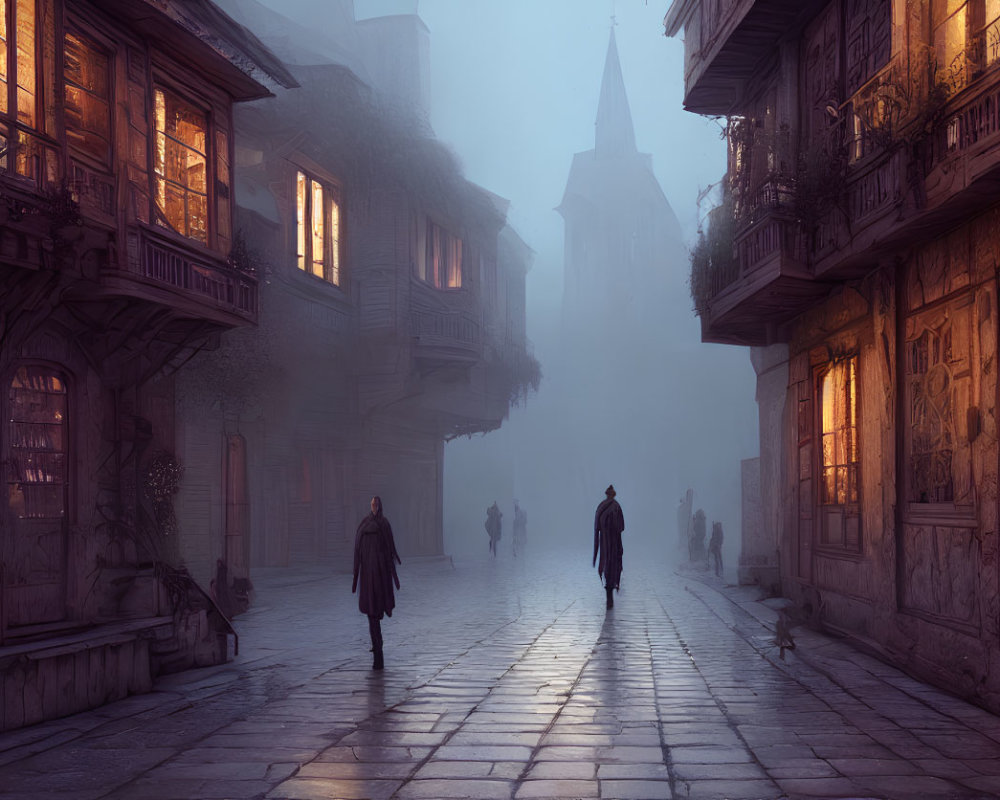 Misty cobblestone street with old wooden buildings and church spire.