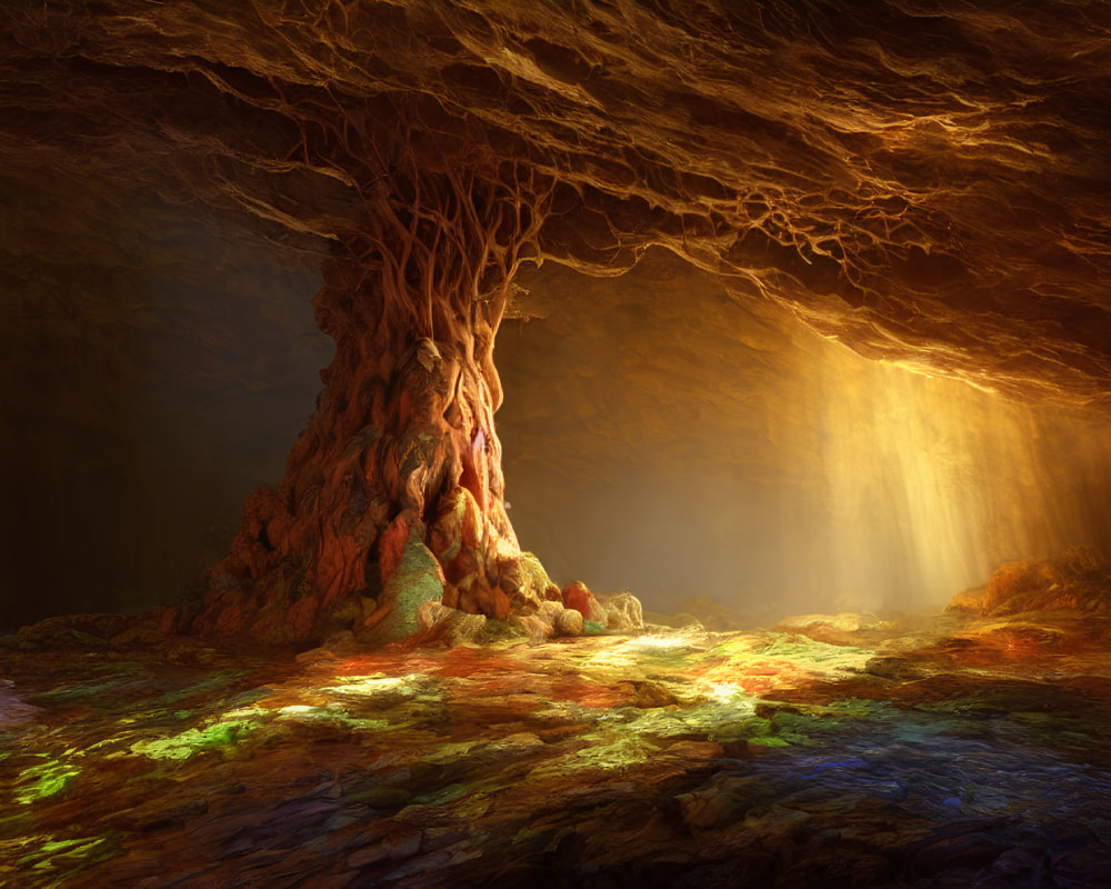 Majestic tree with sprawling roots in cavern bathed in warm sunlight
