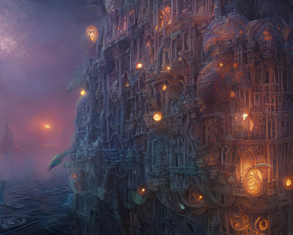 Fantastical cityscape with glowing lights and ornate architecture