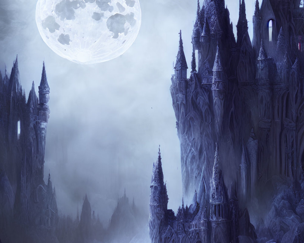 Gothic castle under large full moon in misty, purple landscape