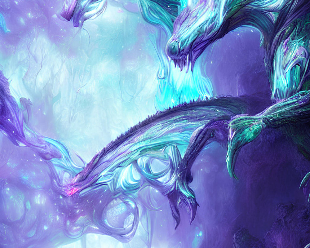 Luminescent dragons in mystical purple and blue flora landscape