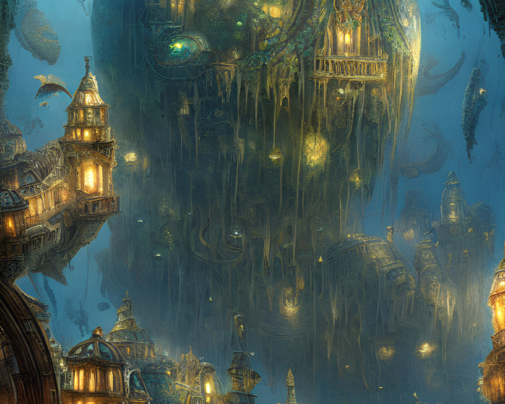 Ethereal underwater city with ornate buildings and glowing lights