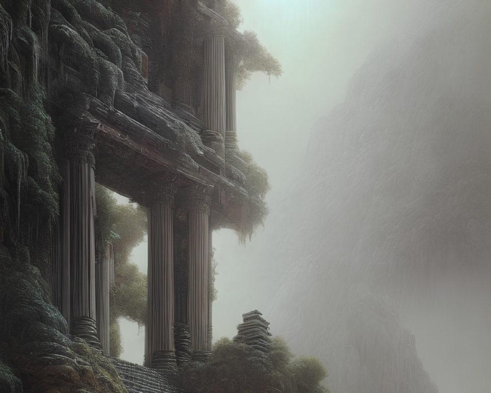 Ancient ruins with towering columns on foggy cliffside