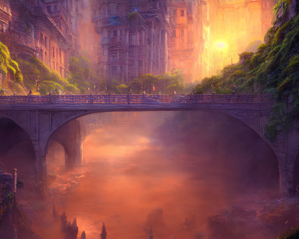 Fantasy cityscape with stone bridge, misty river, lush vegetation, and ornate buildings at
