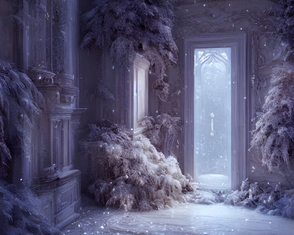Snow-covered trees and glowing icy doorway in grand ornate room
