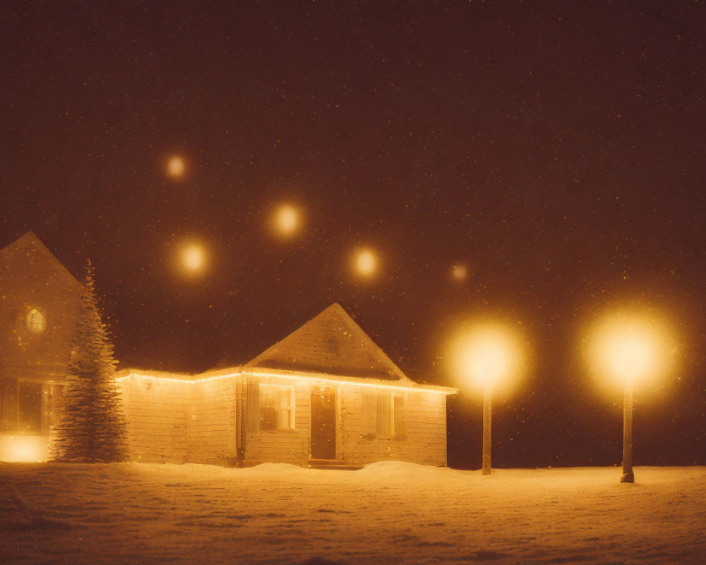 Snowy scene with cozy cabins and street lamps under warm lights