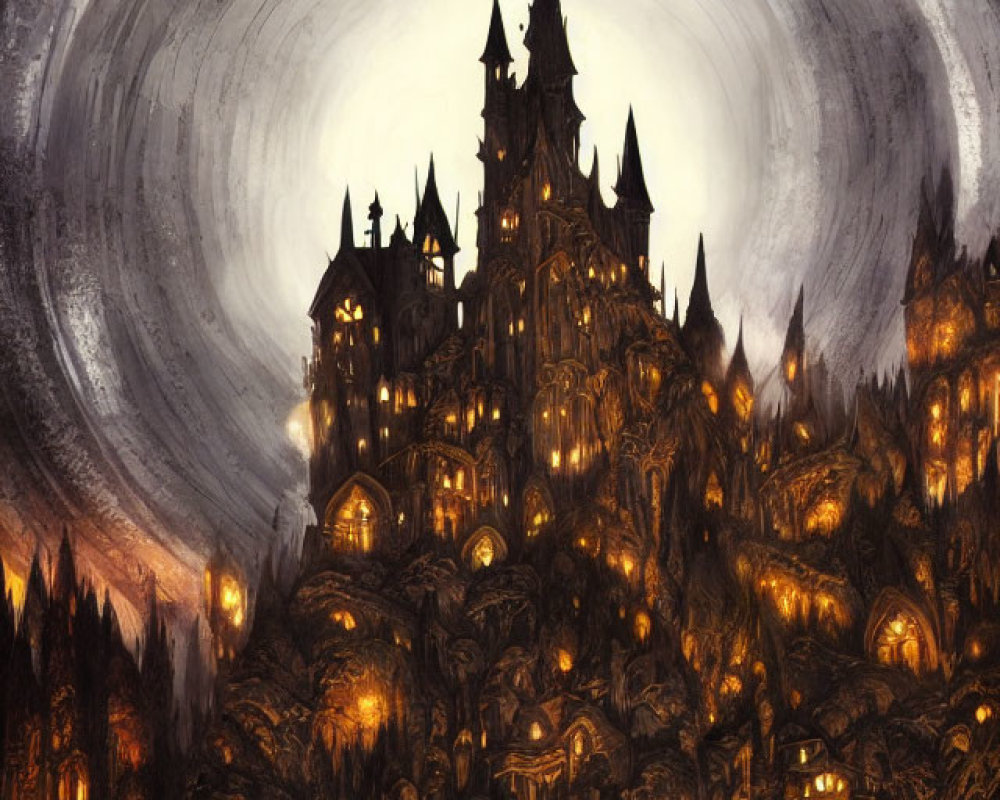Gothic castle with illuminated spires against dark sky