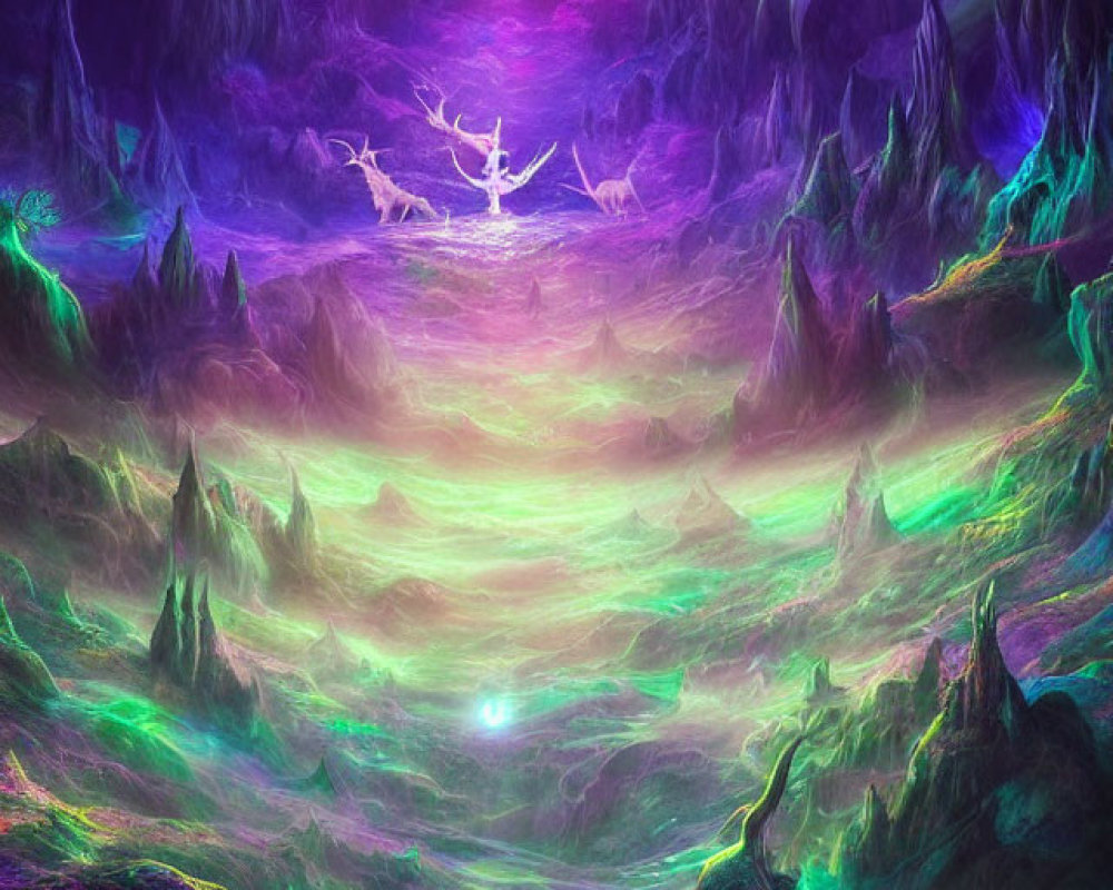 Colorful mystical fantasy landscape with rocky peaks, luminous terrain, and radiant light.