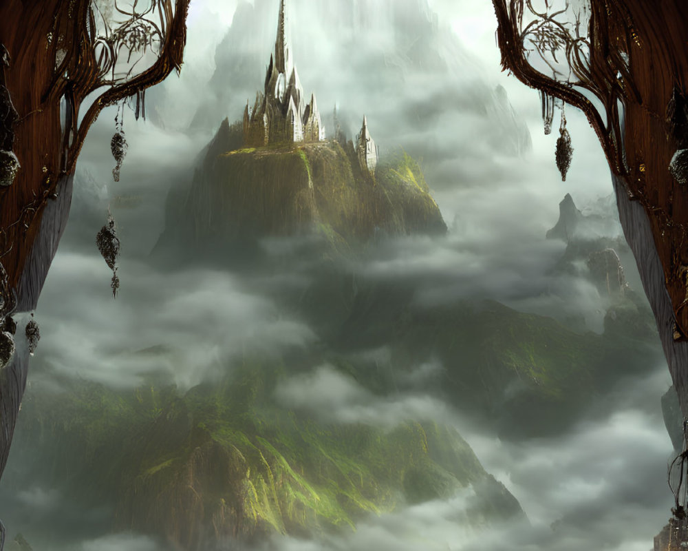 Fantasy landscape with castle on floating island viewed from grand archway