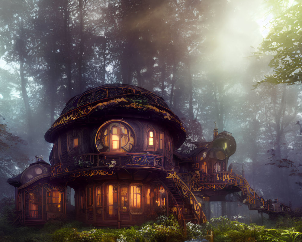 Intricate Multi-Level Treehouse in Mystical Forest