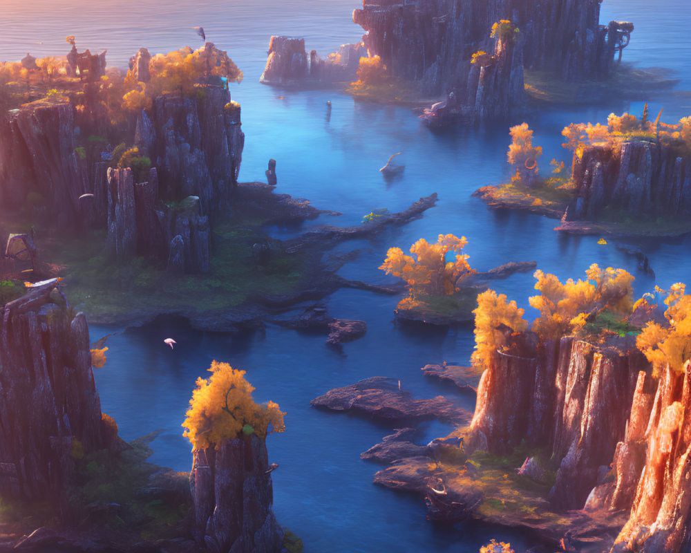 Fantasy landscape with rocky cliffs, river, autumn trees, castle, and birds under warm sky