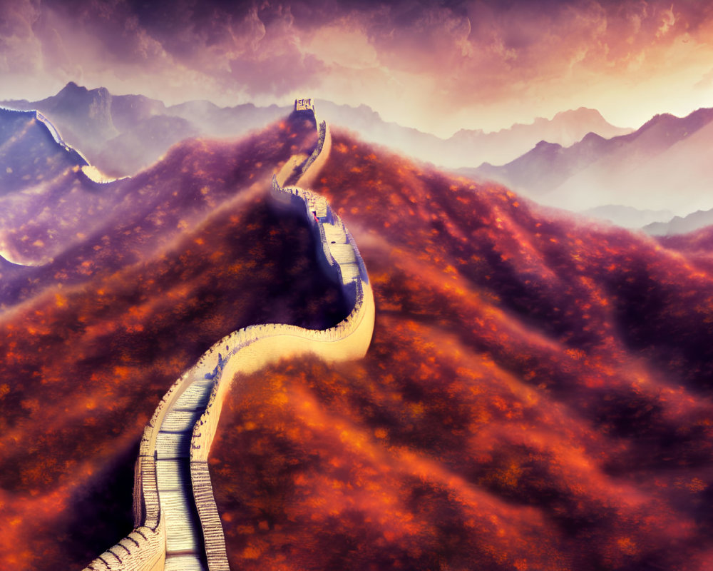 Great Wall winding through vibrant autumn mountains at sunset