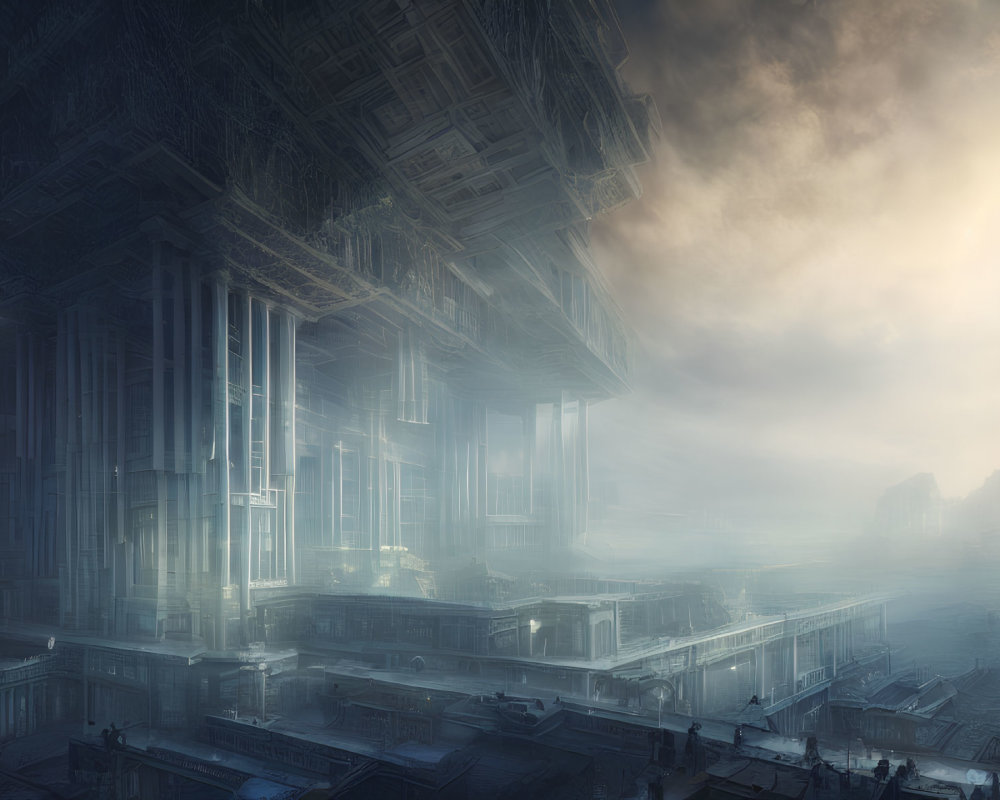 Futuristic cityscape with towering structures in misty light