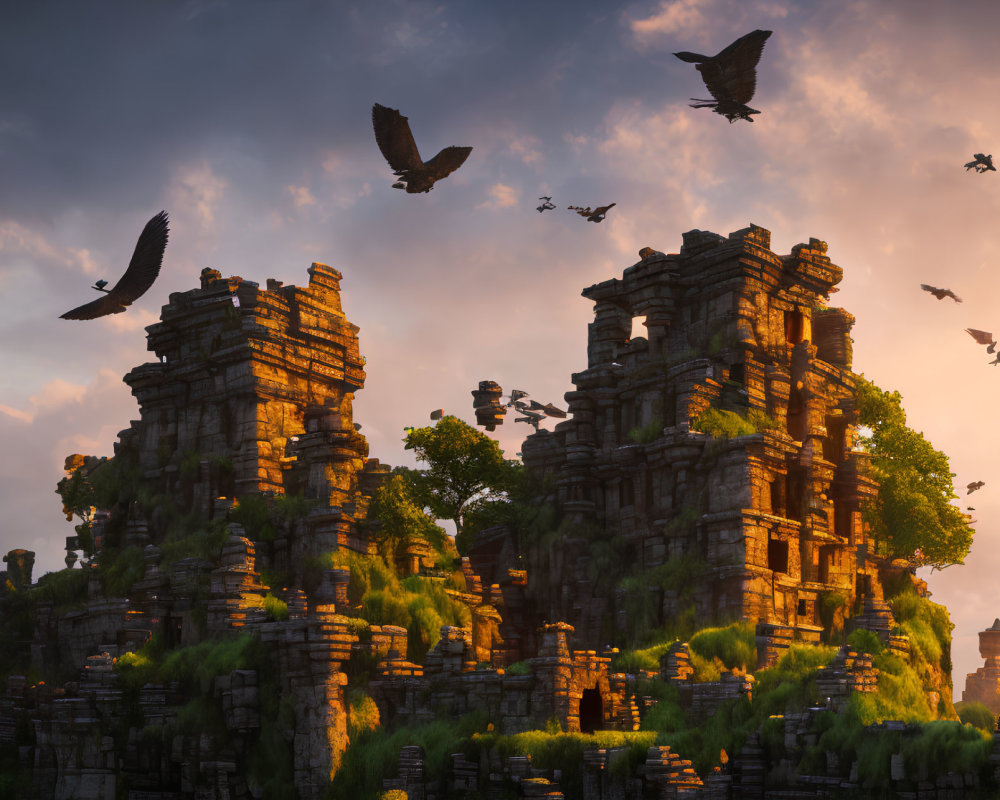 Dramatic sunset scene over ancient ruins with vegetation and flying birds