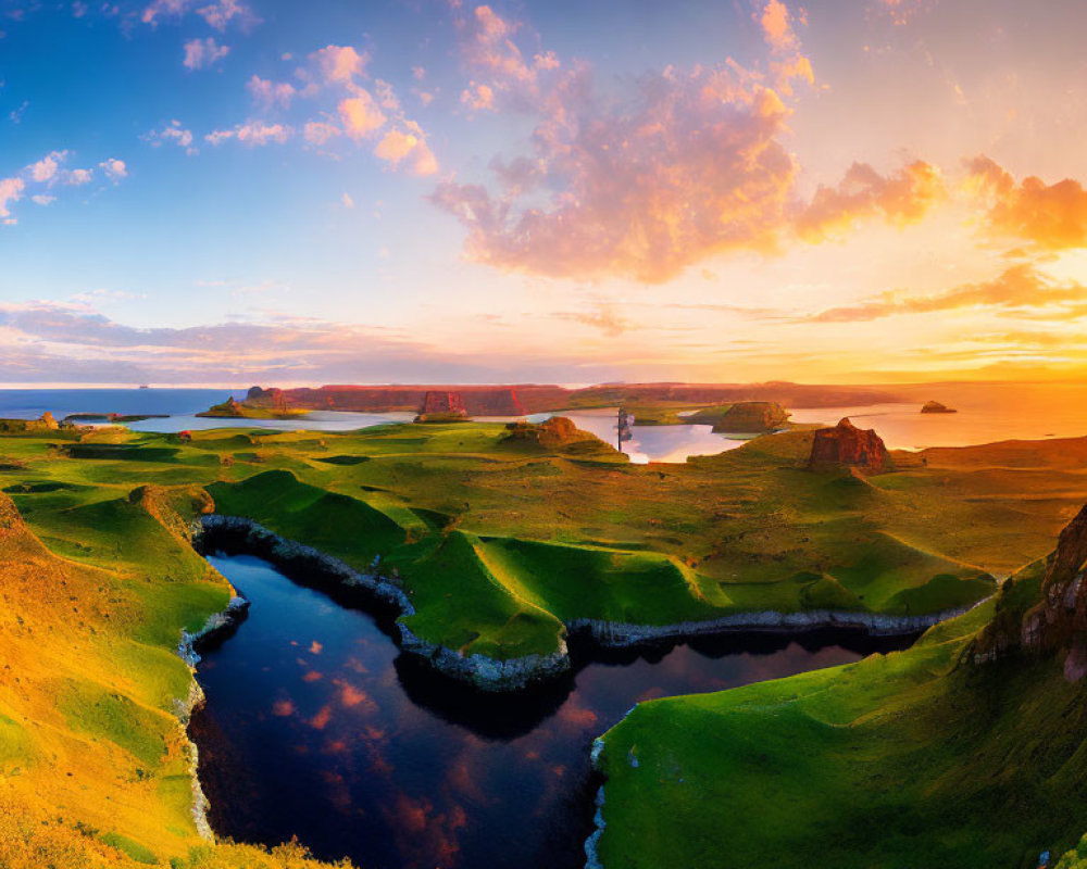 Panoramic sunrise view of lush green coastline rivers and cliffs
