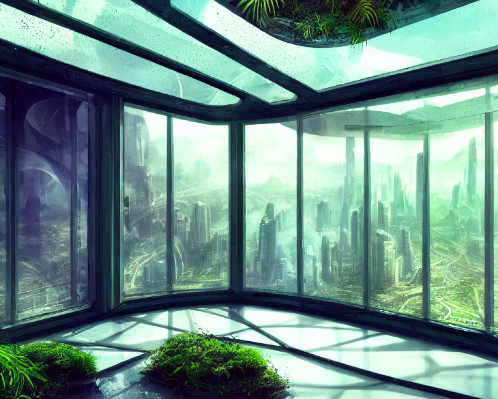 Glass-Walled Room with Overgrown Plants and Rainy Cityscape