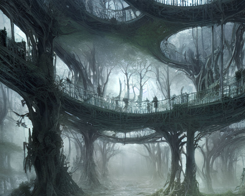 Mysterious ethereal forest with spiral walkways and ancient trees