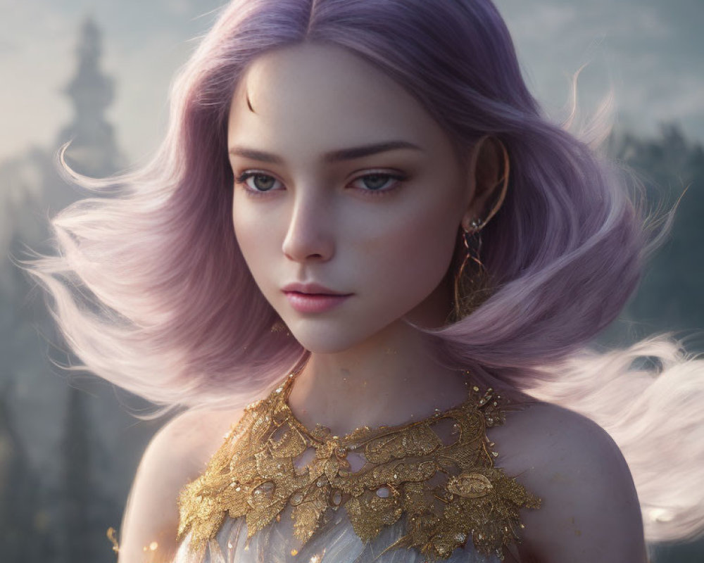 Digital portrait of woman with lilac hair and gold necklace in natural setting