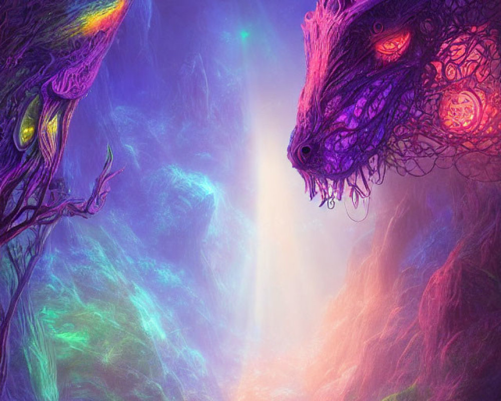 Vibrant dragon-like creatures in mystical artwork with glowing eyes