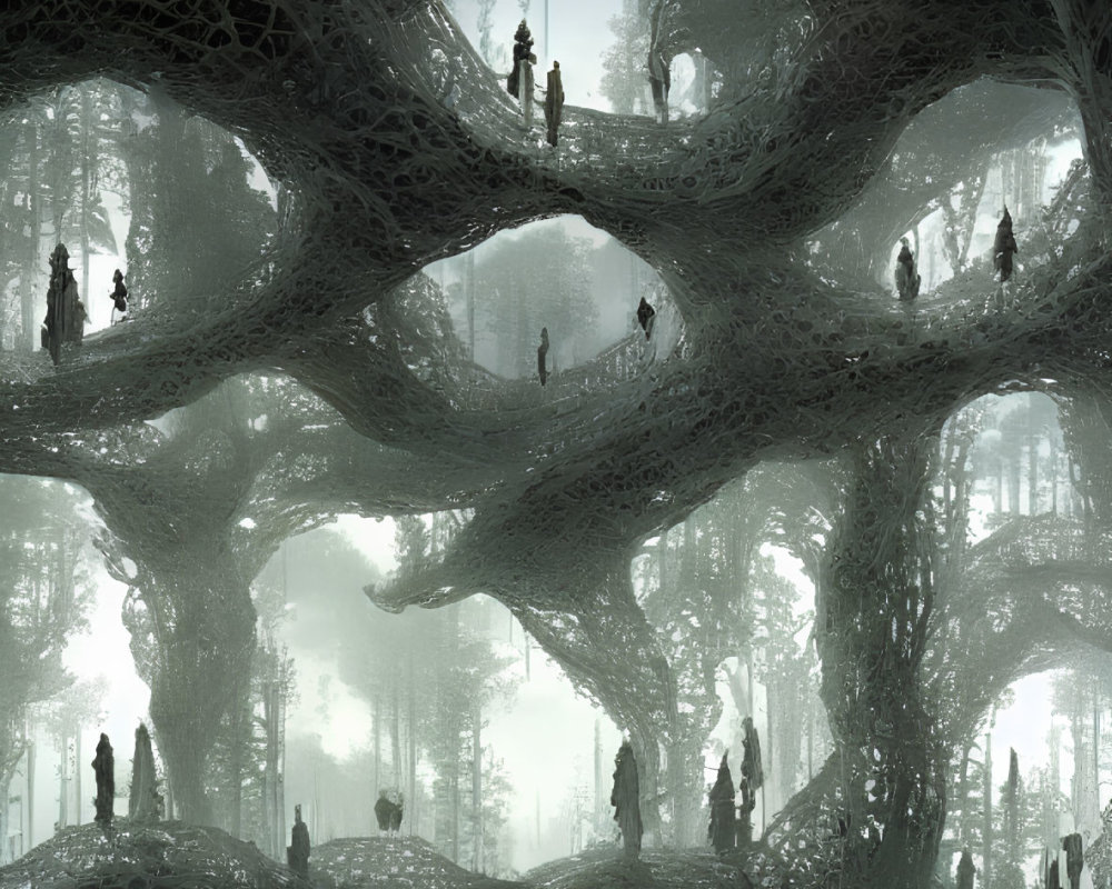 Mystical forest with towering trees and silhouetted figures in surreal landscape