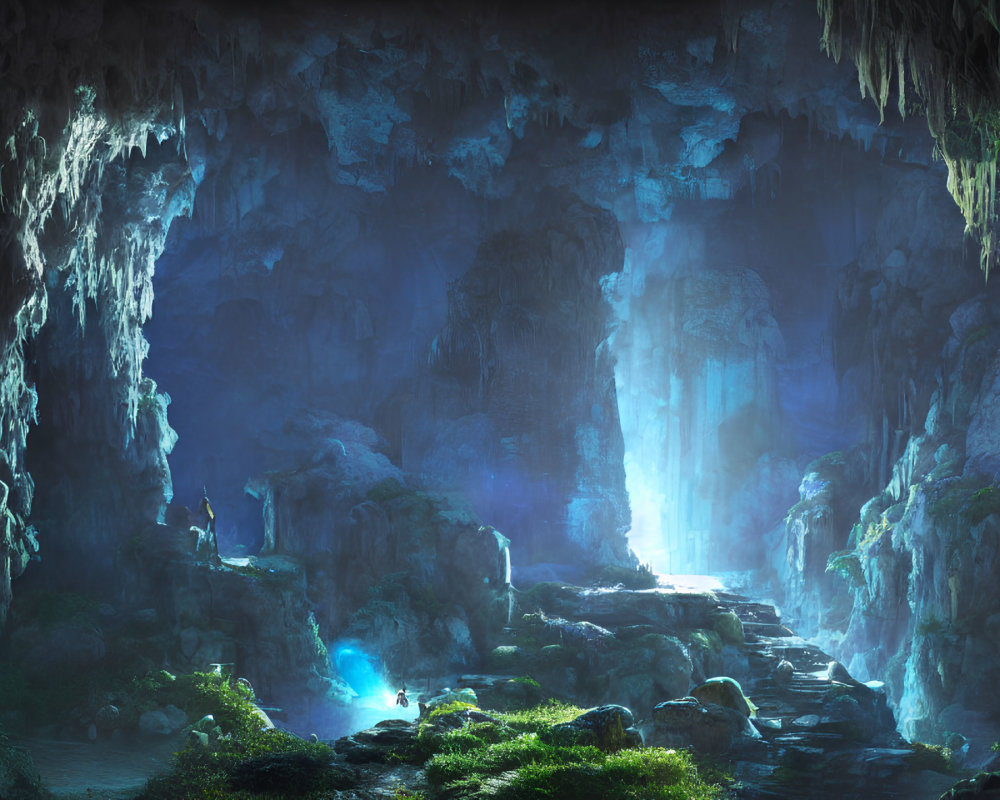 Mystical Blue-Lit Underground Cave with Stalactites & Waterfall