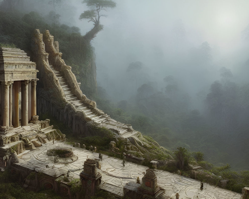 Misty forest surrounds ancient temple ruins with ornate stairs