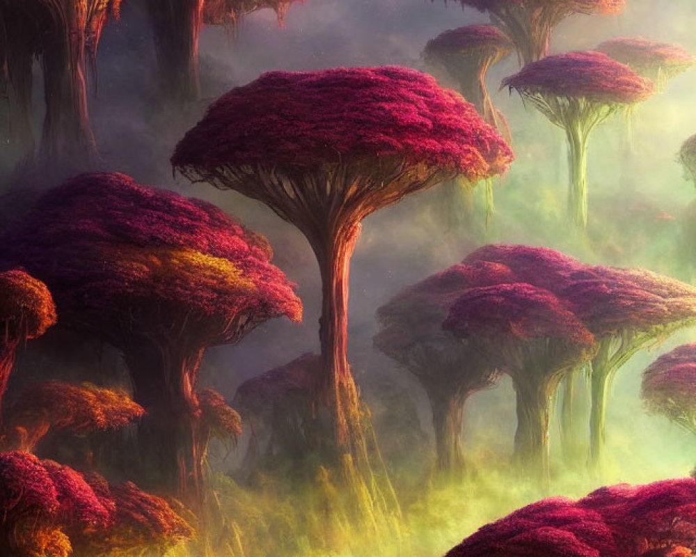 Fantastical forest with purple and red foliage in golden light