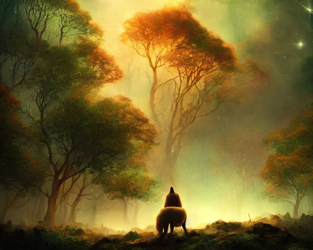 Mystical forest scene with bear and glowing trees